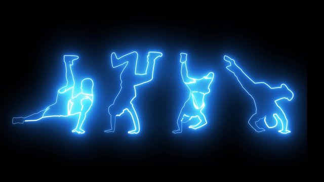 Blue Neon illuminated dancer isolated on black background. Looped.