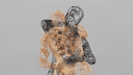 Two female figures made of golden and dark annealed wires hug each other. An idea that compassion is inherent in everyone despite our apparent stiffness and complexity. 3D rendered seamless animation.