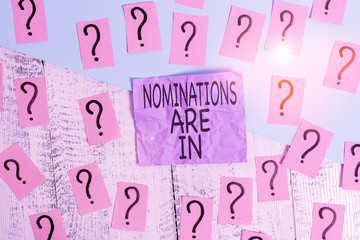Text sign showing Nominations Are In. Business photo showcasing Formally Choosing someone Official Candidate for an Award Scribbled and crumbling papers with thick cardboard above wooden table