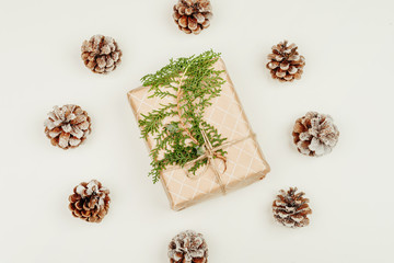 Christmas composition with Christmas gift. Top view, flat lay, copy space