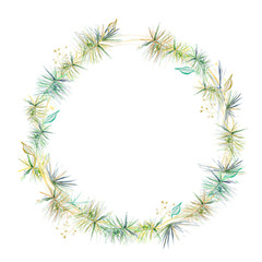 hand-drawn watercolor wreath of spruce branches of green conifer on a white isolated background for use in the design of invitations, greetings, postcard