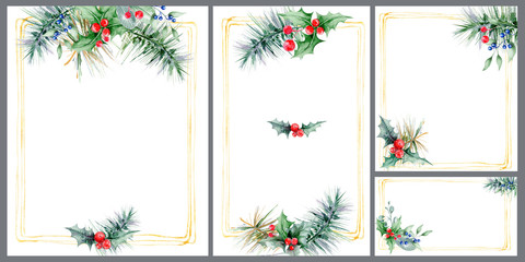 watercolor set hand-drawn greeting card a bouquet of fir branches of coniferous trees, red and blue berries and leaves on a white background, for use in the design of greetings, banners, invitations