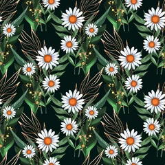 Tuinposter Seamless pattern with white daisies and green leaves on black background © Gribanessa