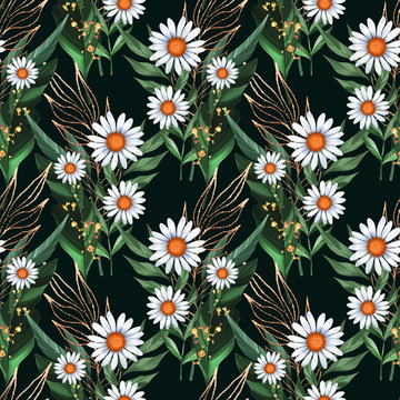 Seamless pattern with white daisies and green leaves on black background