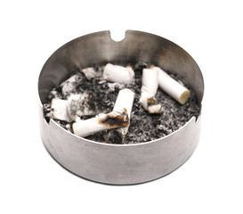 Cigarettes with ash and metal ashtray isolated on white background