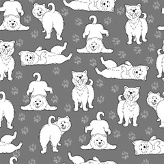 seamless pattern with cute cartoon drawing dogs husky, alaskan malamute, akita, samoyed, furry funny adorable pets, on gray background, editable vector illustration for fabric, textile, decoration