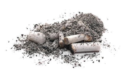 Cigarette stubs in ash isolated on white background