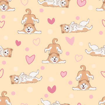 seamless pattern with cute cartoon drawing dogs akita, funny adorable pets, on yellow background with hearts, perfect for kids fabric, textile, decoration, editable vector illustration