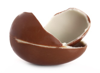 Broken chocolate egg with pieces isolated on white background