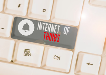 Text sign showing Internet Of Things. Business photo text connection of Devices to the Net to Send Receive Data White pc keyboard with empty note paper above white background key copy space