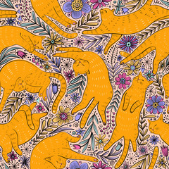 Seamless pattern with sleeping ginger cats and flowers on pink background.