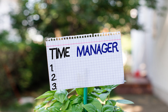 Text sign showing Time Manager. Business photo showcasing process of planning and exercising conscious control of time Plain empty paper attached to a stick and placed in the green leafy plants