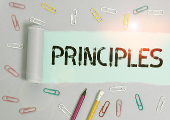 Writing note showing Principles. Business concept for fundamental truth that serves as the base for...