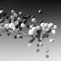 lots of balloons flying in the sky. monochrome, black and white