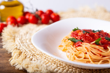 Spaghetti with tomato sauce. Classic dish of Italian tradition. Healthy eating, italian food