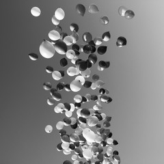 lots of balloons flying in the sky. monochrome, black and white