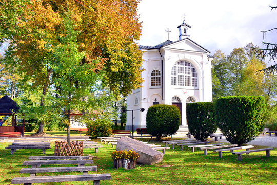 Chapel of the Virgin Mary in Studzieniczna in autumn time, Augustow, Poland.