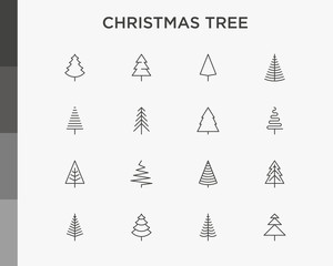 Christmas tree in different shapes. Minimalistic simple thin line icons set. Vector illustration for greeting card, Christmas and New Year decoration.