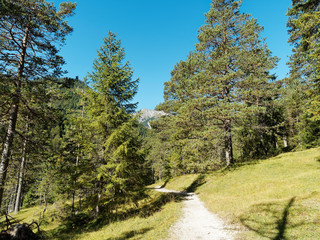 Österreich Landschaft in Tirol. Wanderungen und Bergtouren in Naturpark Karwendel. Nach Gern-Alm und Sonnjoch durch Pletzachloipe und Gernalmloipe - obrazy, fototapety, plakaty