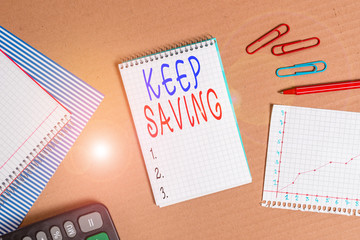 Handwriting text writing Keep Saving. Conceptual photo keeping money in an account in a bank or financial organization Striped paperboard notebook cardboard office study supplies chart paper