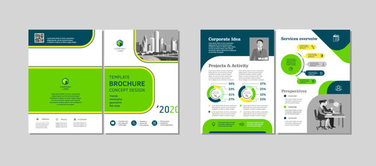 Bi-fold brochure creative design. Multipurpose template with cover, back and inside pages. Trendy minimalist flat geometric design. Vertical a4 format.