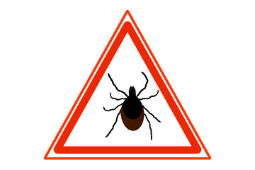 Tick parasite warning sign. Mite warning sign. Dangerous tick area warning sign. Tick vector icon isolated on white. Tick silhouette. Anti bug vector icon. Epidemic. Human mite parasite. Flat style