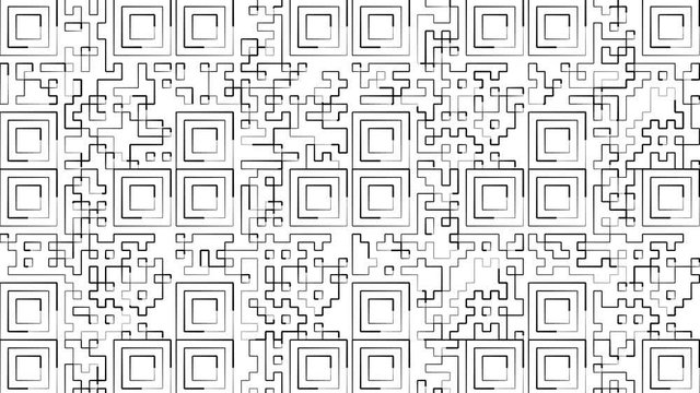 Black and White Qr code pattern looped background  scanning technology, digital decryption concept.