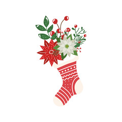 sock christmas decorative with flowers isolated icon vector illustration design