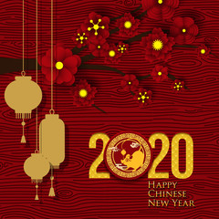 2020 Chinese New Year Greeting Card. Year of the Rat. Chinese New-Year. Paper cut with Rat and Flowers. gong xi fa cai 2020. Hieroglyph - Zodiac Sign Rat. Place for your Text.