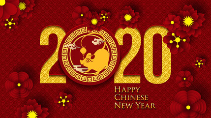 2020 Chinese New Year Greeting Card. Year of the Rat. Chinese New-Year. Paper cut with Rat and Flowers. gong xi fa cai 2020. Hieroglyph - Zodiac Sign Rat. Place for your Text.