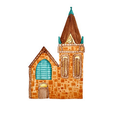 Watercolor hand drawn old european brick church on white background. - 301374566