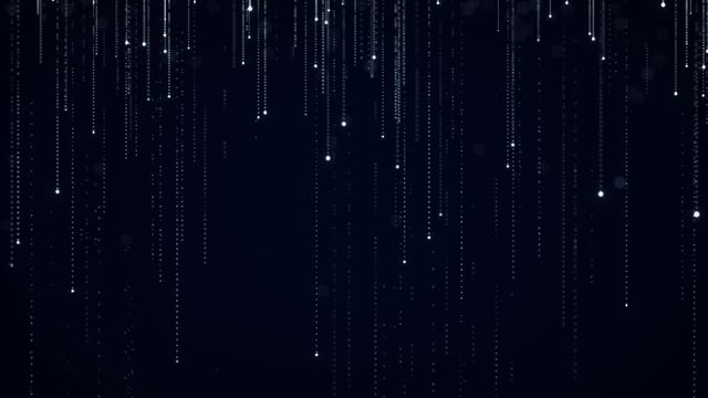 Falling down white particles with trail of small dots.  Technology background.