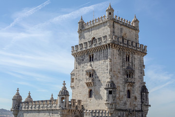 Fototapeta na wymiar Belem Tower officially `Torre de Sao Vicente`, the fortified tower located in the parish of Belem, district of Lisbon, on the right bank of the Tagus River.
