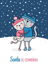 Cute hugging couple of cats in love standing in snow with snowflakes. Happy new year, Christmas and Valentine`s day flat vector illustration