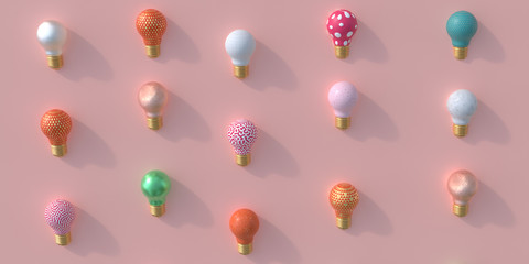 The creation of many bulbs, a variety of materials such as gold, copper, green, reflecting light, pastel pink, white porch, all on a pastel pink background. 3D render.