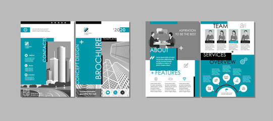 Bi-fold brochure creative design. Multipurpose template with cover, back and inside pages. Trendy minimalist flat geometric design. Vertical a4 format.