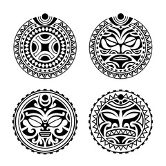 Set of round tattoo ornament with sun face maori style	 - obrazy, fototapety, plakaty