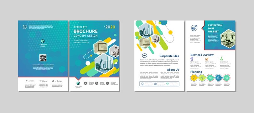 Bi-fold brochure creative design. Multipurpose template with cover, back and inside pages. Trendy minimalist flat geometric design. Vertical a4 format.