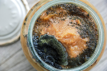 Open glass jar of homemade apple jam with dark mold on top. Improper storage of home canned food. - obrazy, fototapety, plakaty