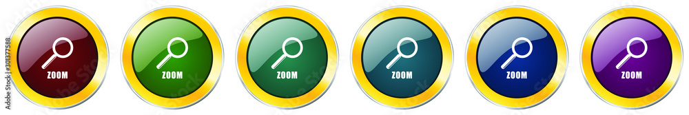 Aufkleber zoom glossy icon set, silver metallic golden vector illustrations in 6 options for web design and mo