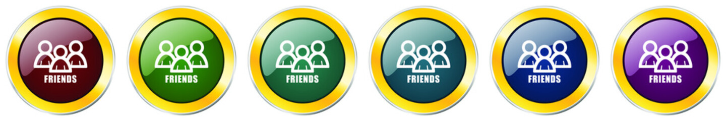 Friends glossy icon set, silver metallic golden vector illustrations in 6 options for web design and mobile applications