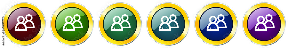 Poster people, team glossy icon set, silver metallic golden vector illustrations in 6 options for web desig