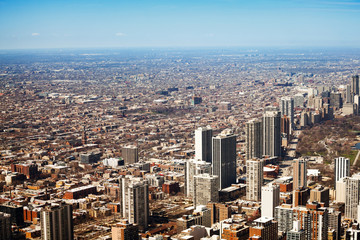 Fototapeta na wymiar Long perspective panorama of Chicago suburb area