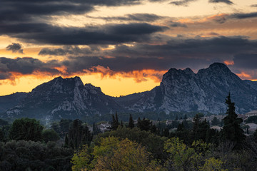 Alpilles in south of France at sunset