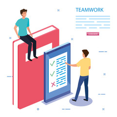 work team with book and smartphone vector illustration design