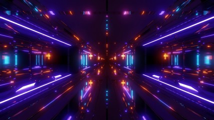 futuristic sci-fi space tunnel corridor with holy glowing christian cross and reflections 3d illustration background wallpaper