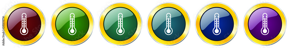 Aufkleber Thermometer glossy icon set, silver metallic golden vector illustrations in 6 options for web design and mobile applications