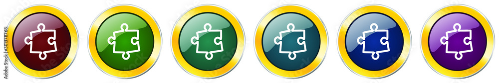 Aufkleber puzzle glossy icon set, silver metallic golden vector illustrations in 6 options for web design and 