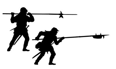 Medieval warriors with halberd. Landsknechts in attack. Historical illustration.