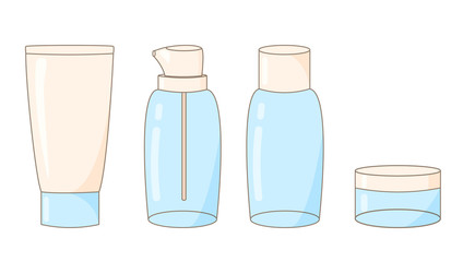 illustration of cute empty transparent tubes of bottles for cosmetics, creams, shampoos, shower gel, serums and essences. for travel, business trips, miniatures, convenient to take with you. vector